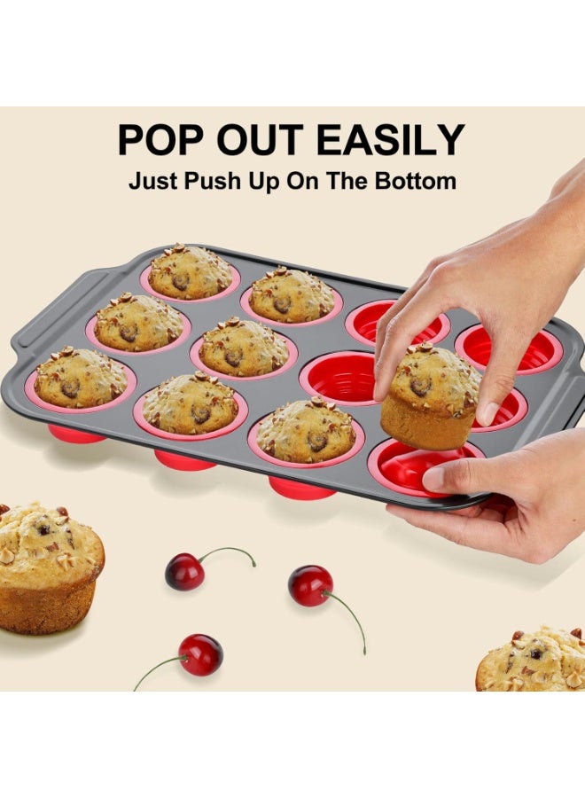 Silicone Muffin Pan with Steel Frame，Silicone Cupcake ，Muffin Tin  Free, Non-Toxic ，Easy To Pop，For Oven（Red） - Image 4